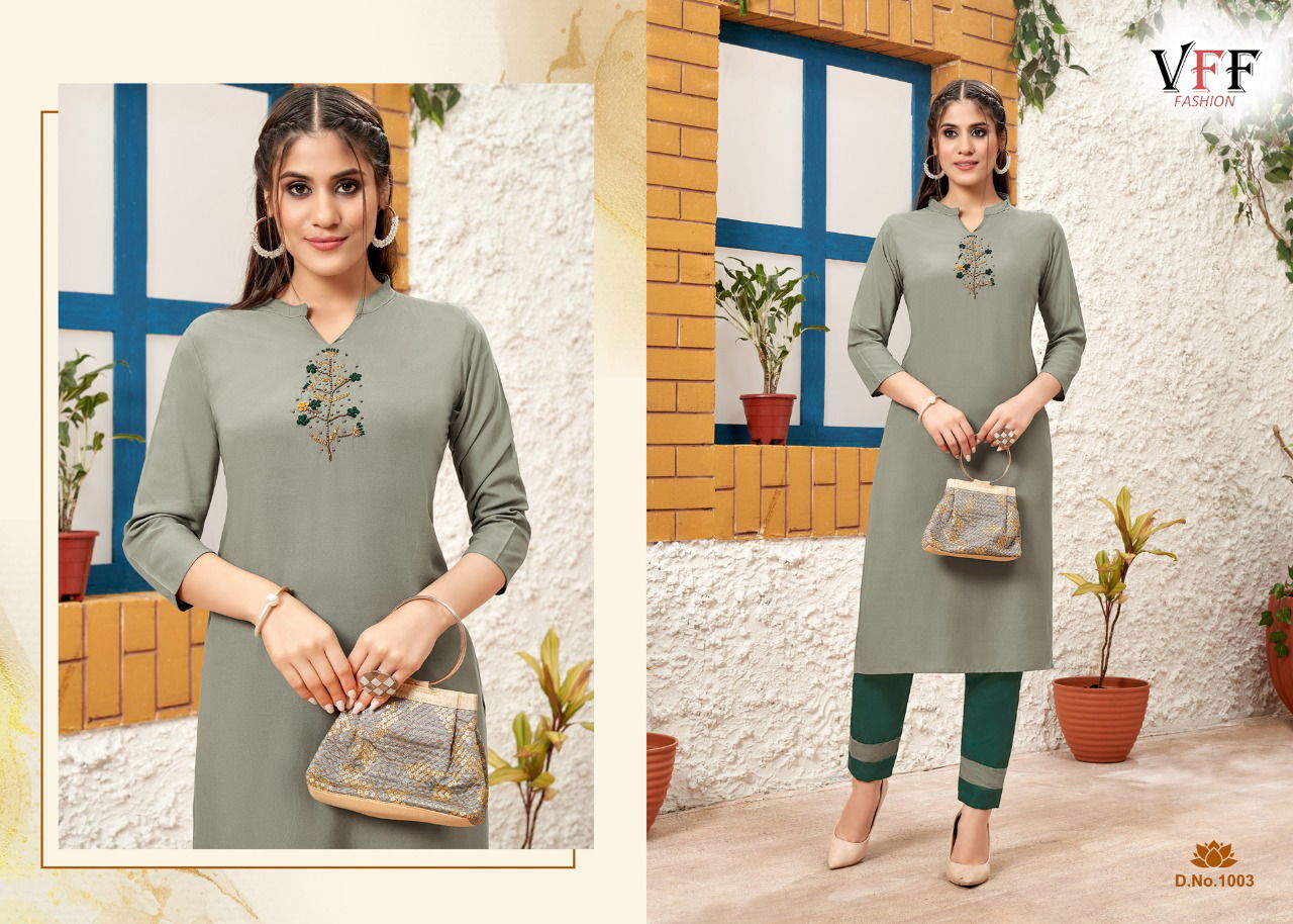 Vff Tulashi Rayon Designer Ethnic Wear Kurti With Pant Collection